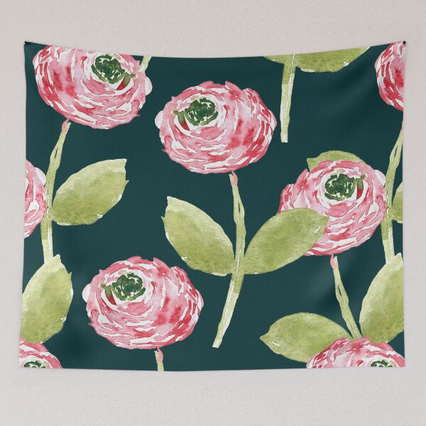 Item preview, Soft Pink Watercolor Ranunculus – Sage Green Floral on Black designed and sold by aneladesigns.