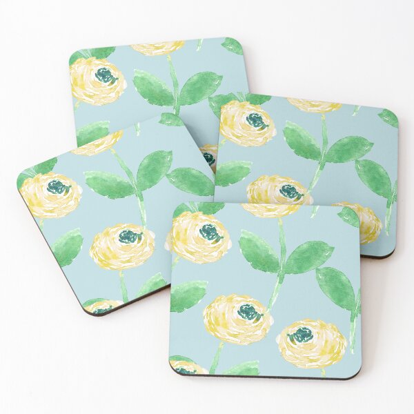 Item preview, Soft Butter yellow Watercolor Ranunculus – Sage Green Floral on Aqua Blue designed and sold by aneladesigns.