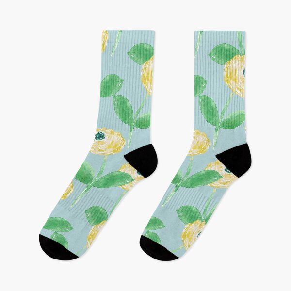 Item preview, Soft Butter yellow Watercolor Ranunculus – Sage Green Floral on Aqua Blue designed and sold by aneladesigns.