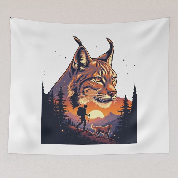 Item preview, Majestic Lynx Wilderness: Hiker & Dog Sunset Art designed and sold by Innova_Creations.