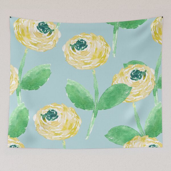 Item preview, Soft Butter yellow Watercolor Ranunculus – Sage Green Floral on Aqua Blue designed and sold by aneladesigns.