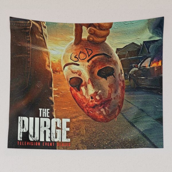 Item preview, Dystopian Survival Mask Art | Blood-Stained Horror Painting | Urban Chaos Impasto Thriller Poster designed and sold by Art's Diner.