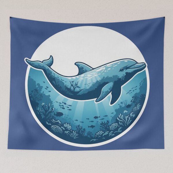 Item preview, Playful Dolphin Deep Ocean Double Exposure Blue Art designed and sold by CANDO ART STORE.