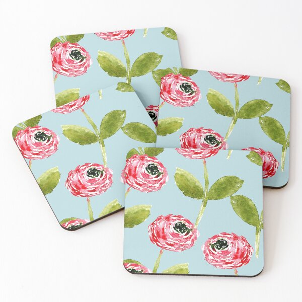Item preview, Hot Pink Watercolor Ranunculus – Sage Green Floral on Aqua Blue designed and sold by aneladesigns.