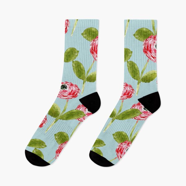 Item preview, Hot Pink Watercolor Ranunculus – Sage Green Floral on Aqua Blue designed and sold by aneladesigns.
