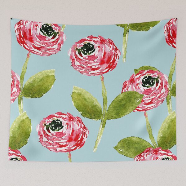 Item preview, Hot Pink Watercolor Ranunculus – Sage Green Floral on Aqua Blue designed and sold by aneladesigns.