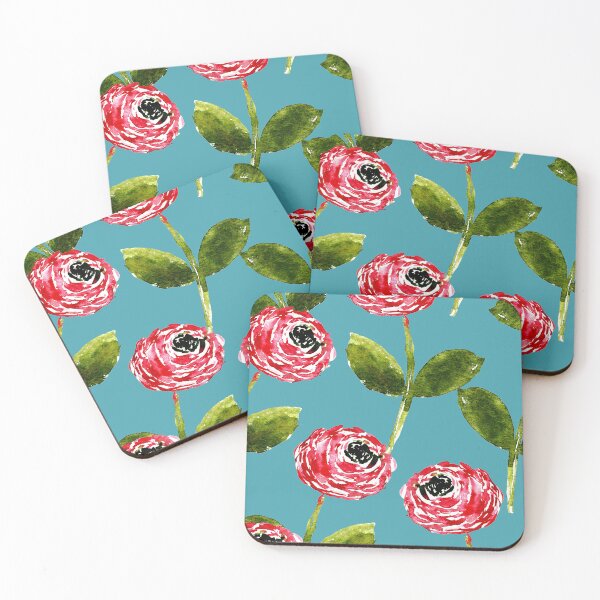 Item preview, Hot Pink Watercolor Ranunculus – Sage Green Floral on Teal Blue Green designed and sold by aneladesigns.