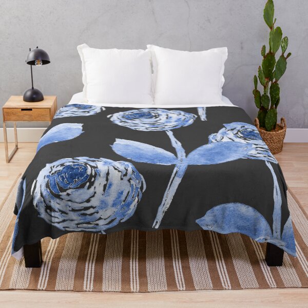 Item preview, Blue Watercolor Ranunculus – Sage Green Floral on Black designed and sold by aneladesigns.