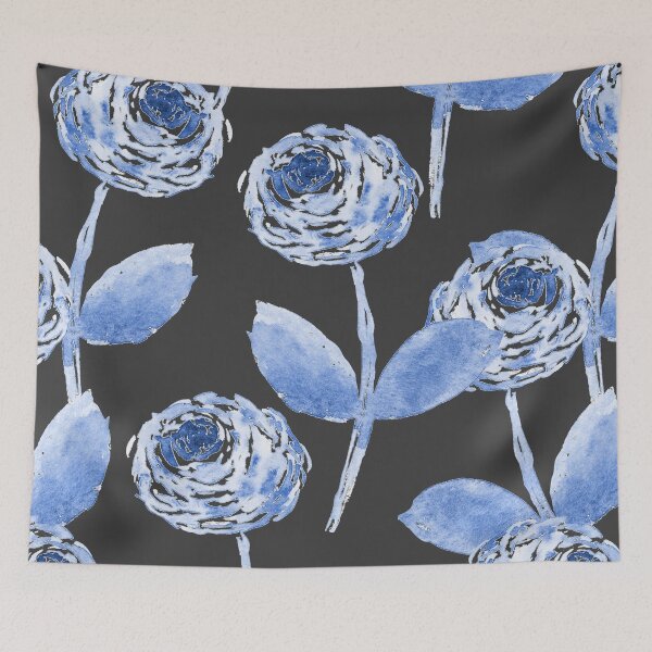Item preview, Blue Watercolor Ranunculus – Sage Green Floral on Black designed and sold by aneladesigns.