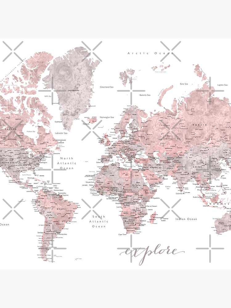 Explore - Dusty pink and grey watercolor world map, detailed by blursbyai