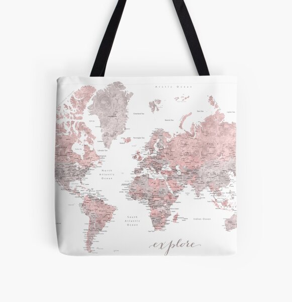 Explore - Dusty pink and grey watercolor world map, detailed All Over Print Tote Bag