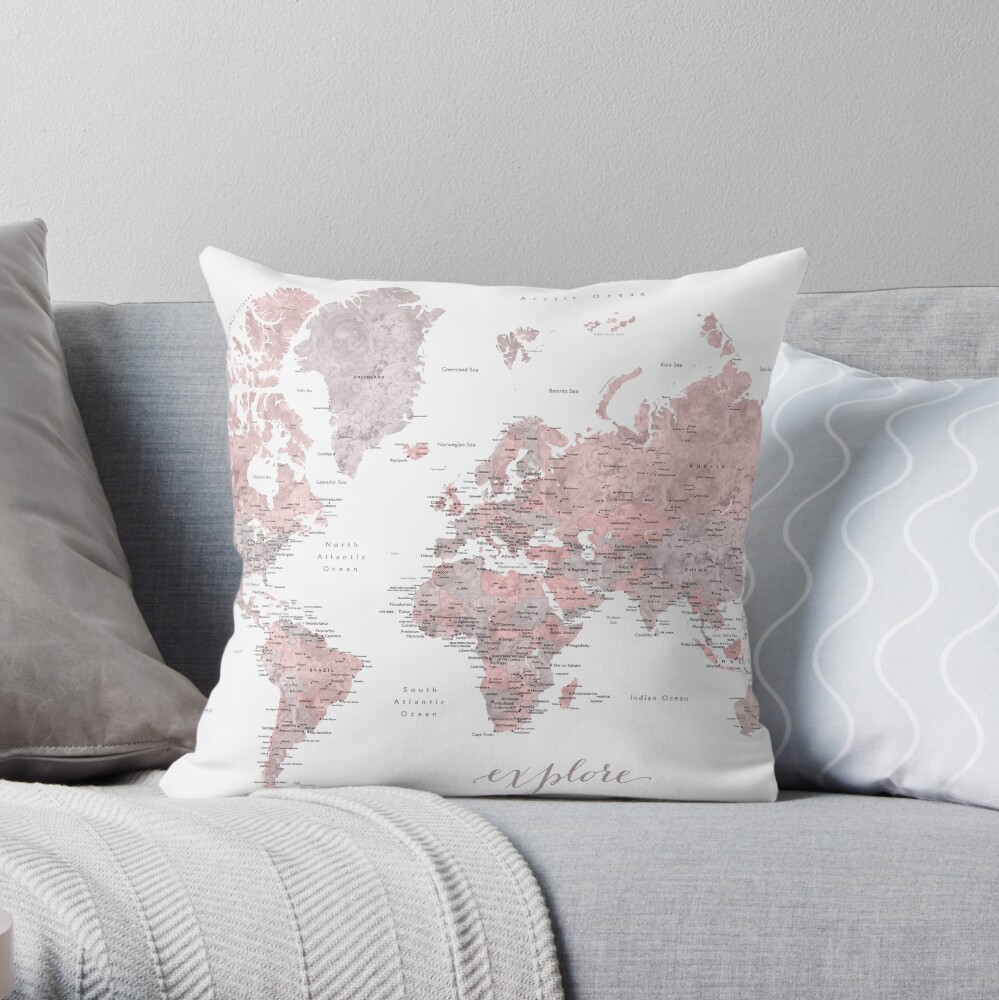 Explore - Dusty pink and grey watercolor world map, detailed Throw Pillow
