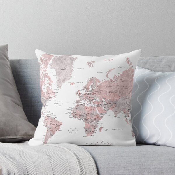 Aperçu de l'œuvre Explorez - Carte du monde aquarelle rose et gris poussiéreux, détaillée créée et vendue par blursbyai.