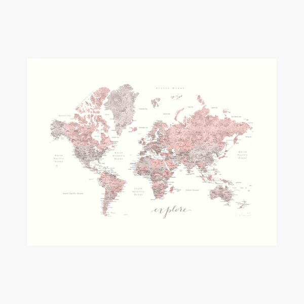 Explore - Dusty pink and grey watercolor world map, detailed Art Print