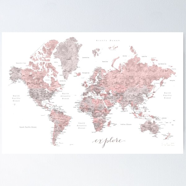 Vista previa del artículo con la obra «Explorar: mapa mundial en acuarela de color rosa polvoriento y gris, detallado», diseñado y vendido por blursbyai.