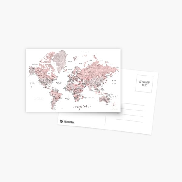 Explore - Dusty pink and grey watercolor world map, detailed Postcard