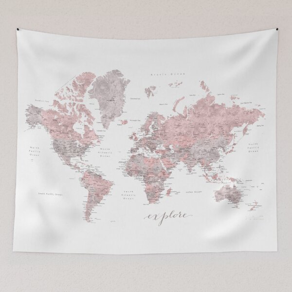 Item preview, Explore - Dusty pink and grey watercolor world map, detailed designed and sold by blursbyai.