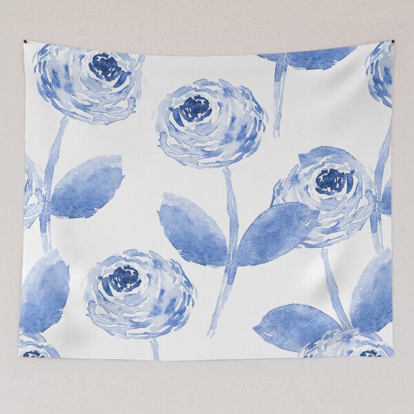 Item preview, Blue Watercolor Ranunculus – Sage Green Floral on White designed and sold by aneladesigns.