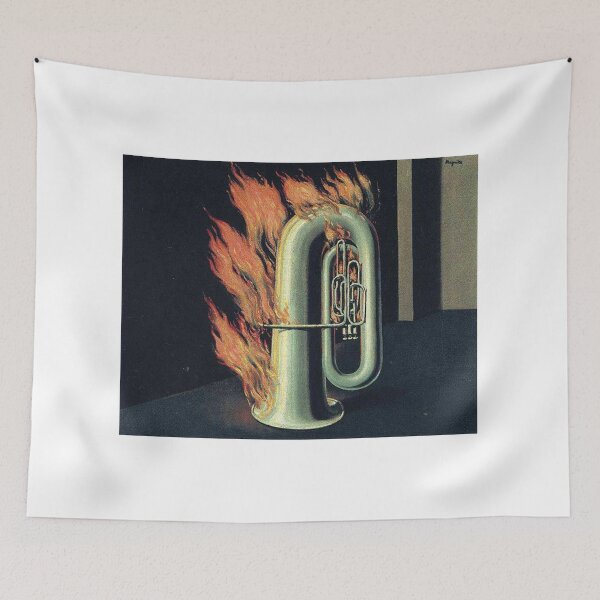 Item preview, The Discovery of Fire (1936) – René Magritte | Surreal Burning Tuba Conceptual Painting designed and sold by Art Outlaws.