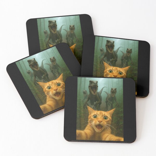 Item preview, Cat Selfie Running From Raptors Dinosaurs Funny Kitty designed and sold by TyrelKoch.