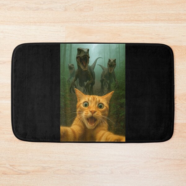 Item preview, Cat Selfie Running From Raptors Dinosaurs Funny Kitty designed and sold by TyrelKoch.