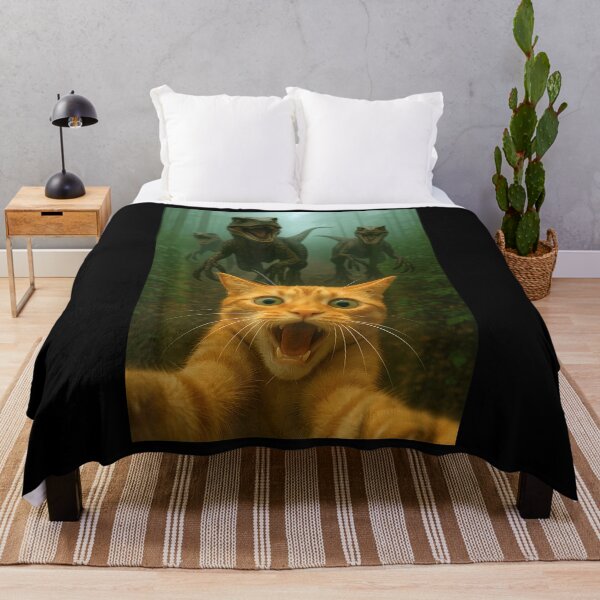 Item preview, Cat Selfie Running From Raptors Dinosaurs Funny Kitty designed and sold by TyrelKoch.