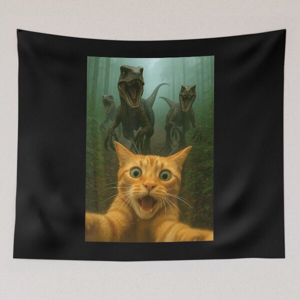Item preview, Cat Selfie Running From Raptors Dinosaurs Funny Kitty designed and sold by TyrelKoch.