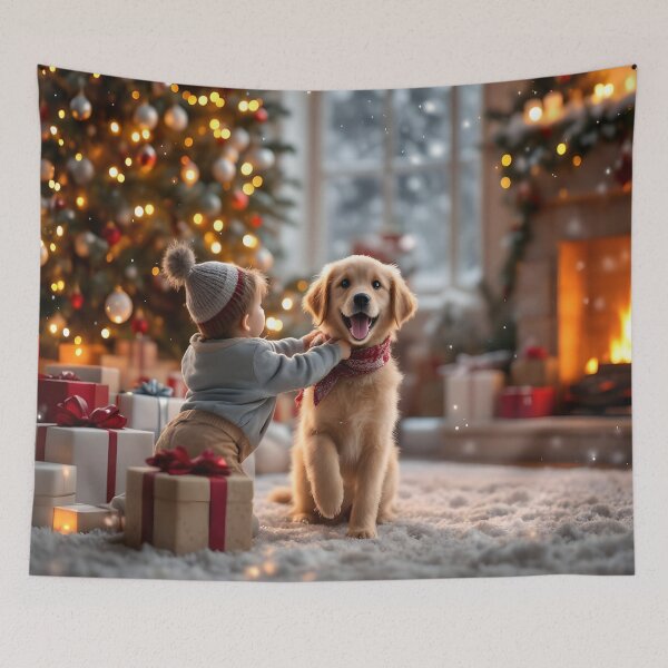 Item preview, Cute Puppy and Baby with gifts at Christmas tree designed and sold by DreamyWallVibes.