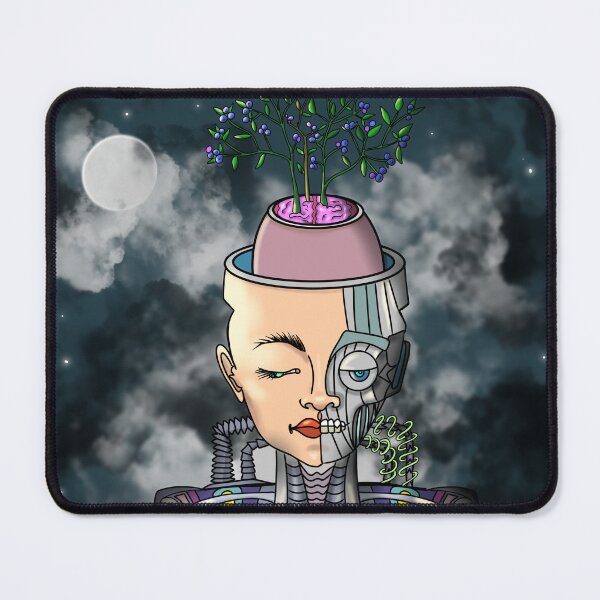 Item preview, Cyborg Woman Half Human Half Robot with Cloudy Moon and Blueberry Growth designed and sold by A9N3S.