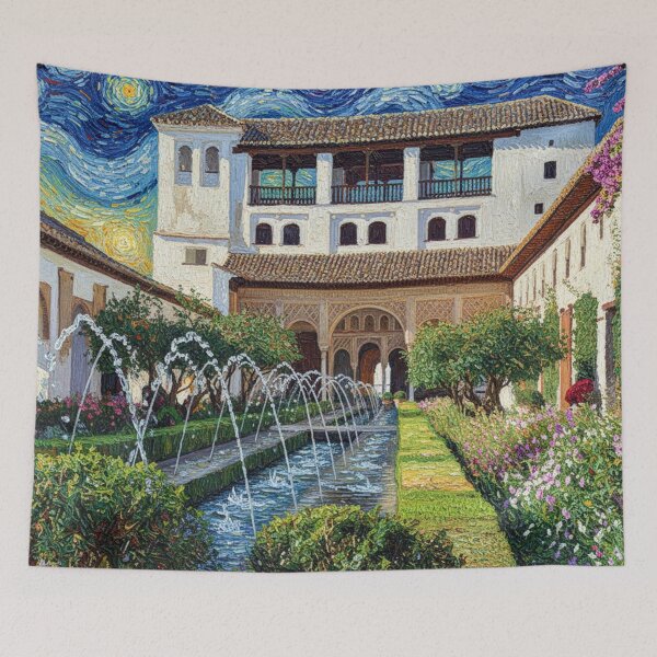 Item preview, Courtyard of the Generalife Canal next to the Alhambra in the style of Van Gogh, in Granada designed and sold by KukiLdeGuevara.