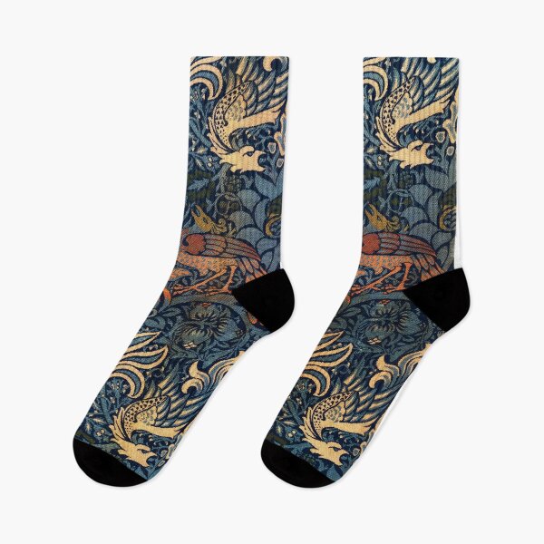 Item preview, Peacock and Dragon Arts and Crafts Tapestry Pattern Teal Gold Vintage Textile designed and sold by ArtDesignRemix.