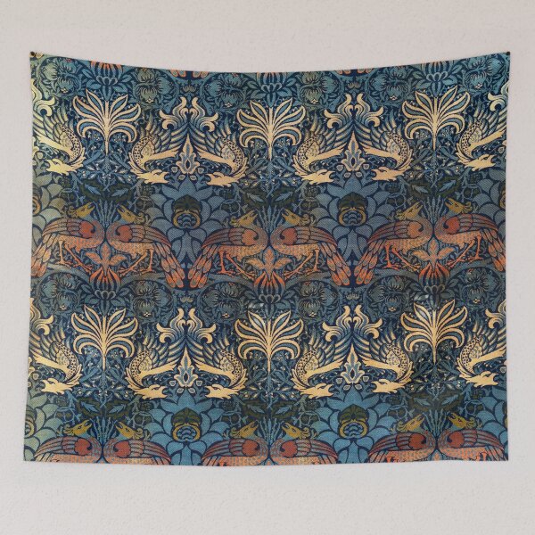 Item preview, Peacock and Dragon Arts and Crafts Tapestry Pattern Teal Gold Vintage Textile designed and sold by ArtDesignRemix.