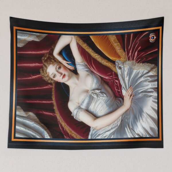 Item preview, Lady Mirella Gianetta Reclining On Velvet Chaise Portrait Alluring AI Concept Art by Xzendor7 designed and sold by Xzendor7 Digital Art Creations.