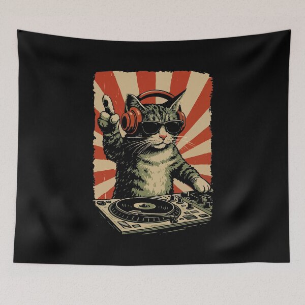 Item preview, DJ Cat Spinning Vinyl – Cool Retro Cat DJ With Headphones & Sunglasses designed and sold by BrainBubbleArt.