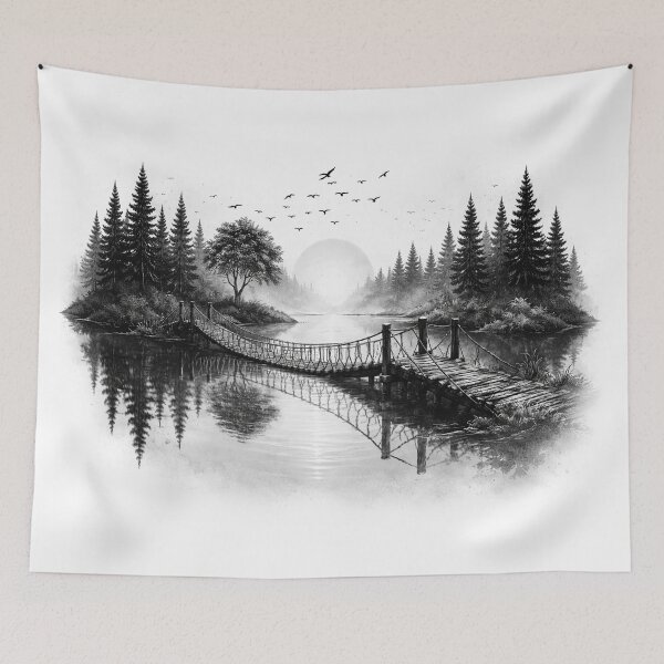 Item preview, Black and White Suspension Bridge Landscape designed and sold by Maverickystore.