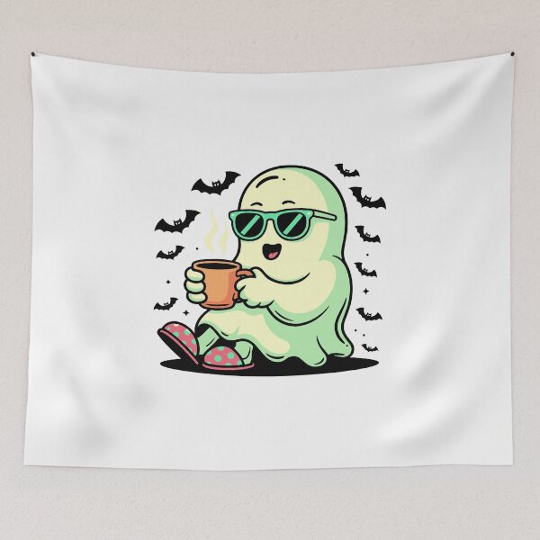 Item preview, Cute Ghost Drinking Coffee – Funny Cozy Ghost with Sunglasses and Slippers designed and sold by Horrify.