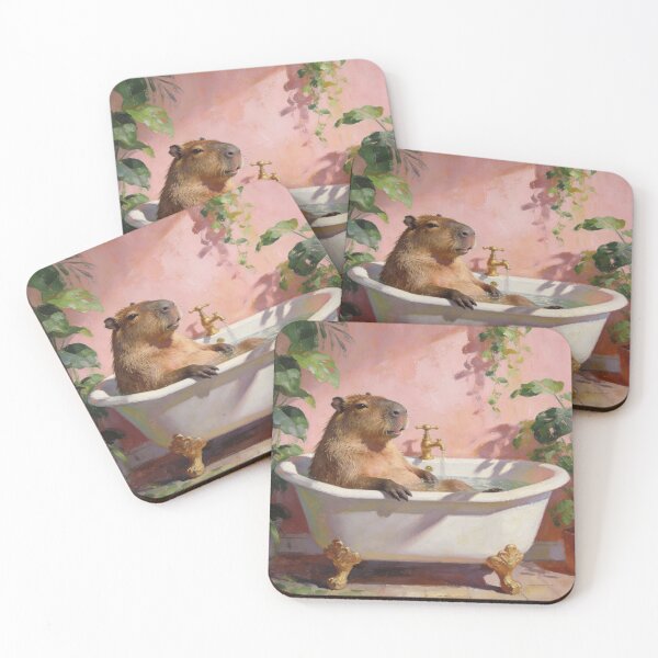 Item preview, Relaxed Capybara Bubble Bath Painting – in Vintage Clawfoot Tub, Tropical Pink Bathroom Art designed and sold by digitalbitcraft.
