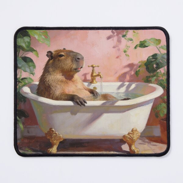 Item preview, Relaxed Capybara Bubble Bath Painting – in Vintage Clawfoot Tub, Tropical Pink Bathroom Art designed and sold by digitalbitcraft.