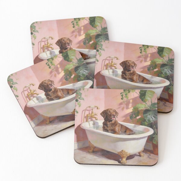 Item preview, Labrador Bubble Bath Painting – Cute Brown Dog in Vintage Clawfoot Tub, Tropical Pink Bathroom Art designed and sold by digitalbitcraft.