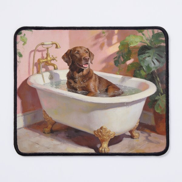 Item preview, Labrador Bubble Bath Painting – Cute Brown Dog in Vintage Clawfoot Tub, Tropical Pink Bathroom Art designed and sold by digitalbitcraft.