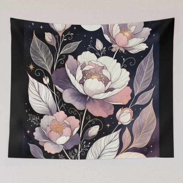 Item preview, Artwork features flowers and stars against a dark background with a crescent moon in a night setting designed and sold by SpaceartLilu.