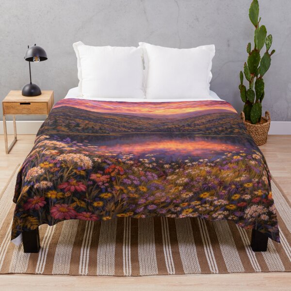 Artikelvorschau, Verspielter Sonnenuntergang mit See und Wildblumenlandschaft – Farbenfrohes, malerisches Bergwandbild entworfen und verkauft von SezzyDesigns.