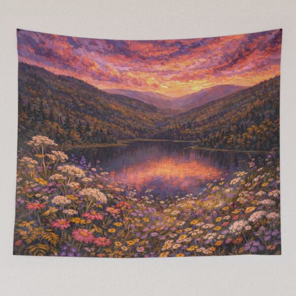 Item preview, Whimsical Sunset Lake Wildflower Landscape Print – Colorful Painterly Mountain Wall Art designed and sold by SezzyDesigns.