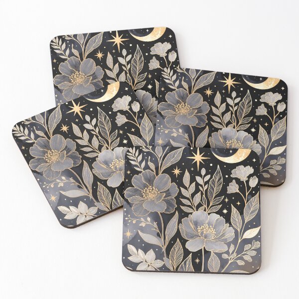 Item preview, Artwork features flowers and stars against a dark background with a crescent moon in a night setting designed and sold by SpaceartLilu.