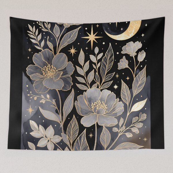 Item preview, Artwork features flowers and stars against a dark background with a crescent moon in a night setting designed and sold by SpaceartLilu.