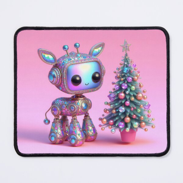 Item preview, A sparkling, jewel-encrusted robot reindeer standing beside a luxurious Christmas tree. designed and sold by ideandesign.