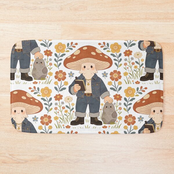 Item preview, Cottagecore Mushroom Guy in Denim Jacket Aesthetic | Vintage Folk Art Fungi Explorer with Pet Rock designed and sold by Cherrydora.