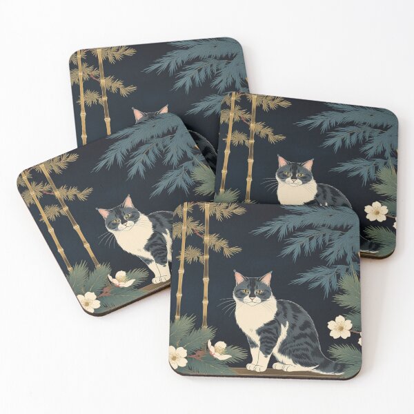 Item preview, Hanafuda Style Mackerel Tabby Cat – Night Colors (Pine Bamboo Plum) designed and sold by LEO'S CREATURE　れおずくりーちゃー.