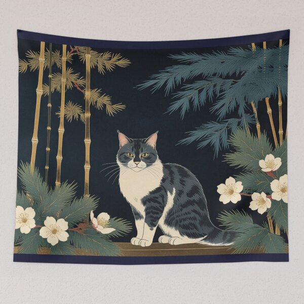 Item preview, Hanafuda Style Mackerel Tabby Cat – Night Colors (Pine Bamboo Plum) designed and sold by LEO'S CREATURE　れおずくりーちゃー.