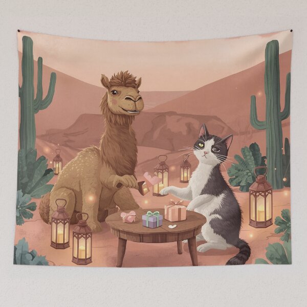 Item preview, Valentine’s Camel & Cat Couple • Whimsical Oasis Heart Prep Art designed and sold by WildlifeWhimsy.